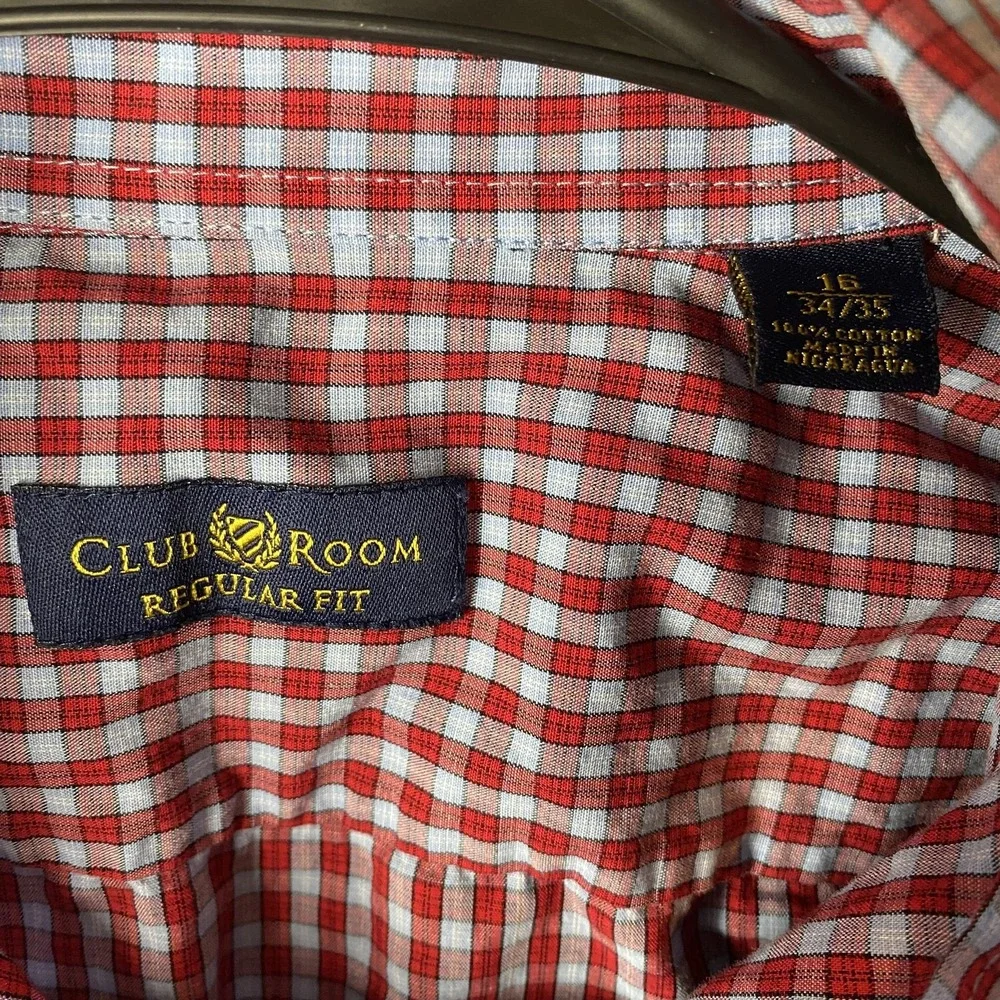 Club Room Mens 16 34/35 Regular Fit Red Plaid Dress Shirt